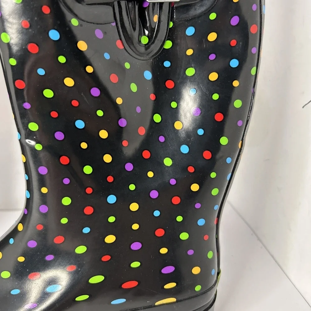 Western Chief Women 11 M Rain Boot Black Ditsy Polka Dot Pull On Shoe Waterproof